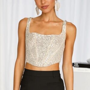 hello molly ooh la la la crop beige sequin top